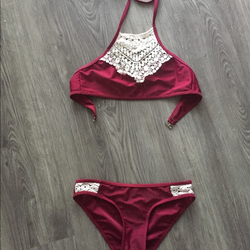 Maroon bikini with crochet